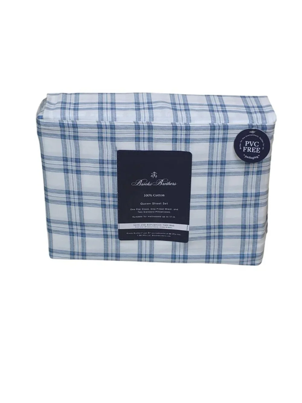 Brooks Brothers Plaid 100% Cotton Queen Sheet Set With PVC-Free Packaging